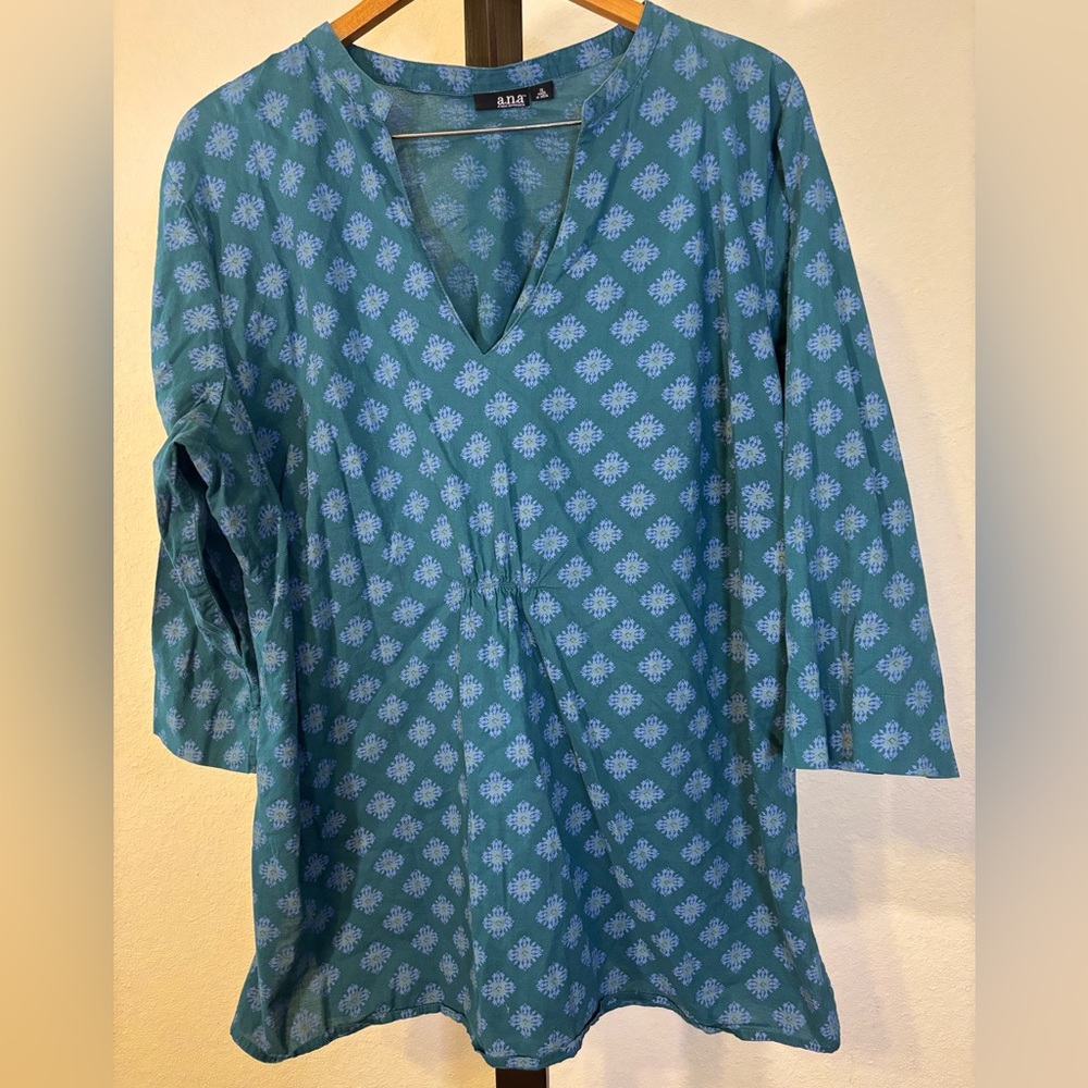 a.n.a Blue Print 3/4 Sleeve Relaxed Tunic Plus Size 100% Cotton